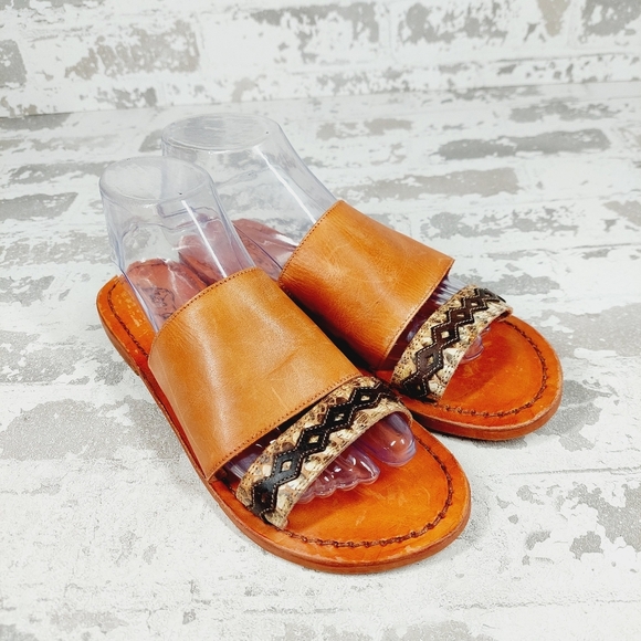 NEW Free People Saturday Brown Leather Embroidered Two Strap Flat Sandals K95 - Picture 4 of 11